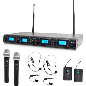 Pyle Upgraded Wireless Microphone System-4-Channel UHF, Adjustable Frequency, Includes (2) Handheld Beltpack Transmitters, (2) Lavalier (2) Headset Mics (PDWM4350U.5)
