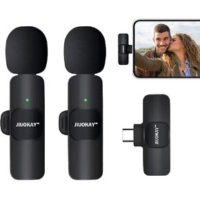 2 Pack Wireless lavalier Microphone for Samsung Galaxy Tab Phones, iPhone Microphone for Video Recording Interview Podcast Vlog Zoom Facebook TikTok (Black-Android)