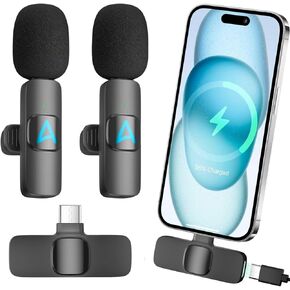 قطعتان من ميكروفون Lavalier اللاسلكي لهاتف iPhone 15 Pro Max، والهواتف الذكية - جودة صوت واضحة للغاية، تدوم طويلاً للمقابلات والبودكاست ومدونات الفيديو والبث المباشر ويوتيوب وتيك توك والمزيد in Kuwait