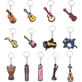 Pandahall 13pcs Musical Instrument Keychains Piano & Violin & Guitar & Drum & Saxophone & Djembe & Ukulele & Guqin & Lute & Chinese Zither & Urheen Soft Silicone Key Rings for Music Party Favors