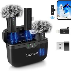 Wireless Lavalier Microphone System with Charging Case, All-in-One Clip-on Lapel Dual Mics with Lightning/USB-C/A Plug, 100ft Range, Noise Cancellation for iPhone/Android/Laptop Video Recording