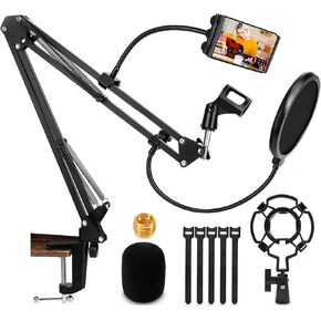 Microphone Arm, Adjustable Microphone Stand with 3/8" 5/8" Adapter, Microphone Clip for Blue Yeti, HyperX QuadCast, Snowball, for Live Broadcasting, Recording, Singing, etc.