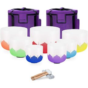 6-12inch Color Lotus 432hz Quartz Crystal Singing Bowls Set of 7, for Healing Mindfulness Meditation Yoga Sound Baths with Case Mallet Suede Striker