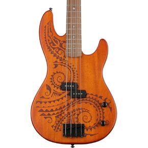 Luna Tattoo 34" Long Scale Electric Bass Guitar, Satin Natural