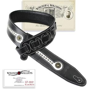 Walker & Williams Black & White Top Grain Leather Guitar Strap with Chrome and Brass Metal Studs