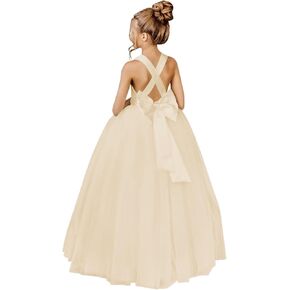 JISISANG Crossed Straps Flower Girl Dress Satin Long Prom Dress with Bow Puffy Tulle Pageant Dresses for Girls