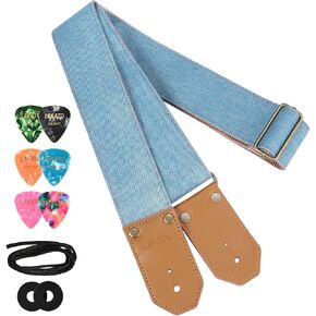 LEKATO Guitar Strap with Cowhide Leather Ends Western Denim Straps for Acoustic Electric Bass Guitar Includes 6 Picks & Strap Locks & Headstock Tie Best Gift for Men Women Guitarists And Musicians