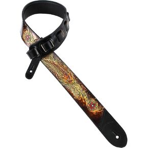 Walker And Williams KB-23 Skinny Series 2" Wide Black & Umber Brown Premium Carved Grain Leather Padded Guitar Strap With Tooled Koi Fish Design