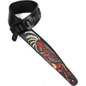 Walker And Williams KB-56-BLK Handmade 3" Wide Black Padded Guitar Strap With Carved Red Kokopelli Design On Premium Black Leather For Acoustic, Electric, And Bass Guitars