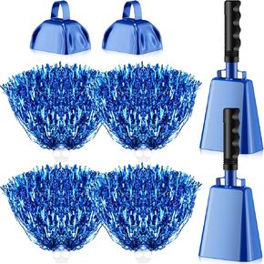 Noise Makers 10 Inch Steel Cowbell with Handle Cheering Cow Bell with Cheerleading Pom Poms for Football Sporting Events Wedding Metal Alarm Percussion Musical Instrument(Blue)