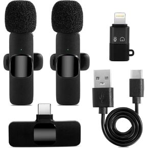 Wireless Lavalier Microphone 2-Pack Type C and iOS Adapter, Noise Cancelling Mini Microphone for iPhone/iPad/Android Devices, Video Recording Tiktok Live, YouTube, Interviews, Vlogs