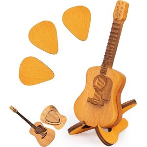 Wooden Guitar Pick Box with Stand, 3PCS Wooden Guitar Picks for Acoustic Guitar, Guitar Pick Holder Box, Musician Engraved Wooden Plectrum Case, Guitar Pick Case for Electric Bass Guitar Ukulele Lover