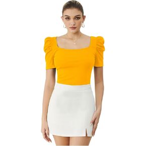 WDIRARA Women's Puff Sleeve Square Neck Short Sleeve Elegant Tee Top