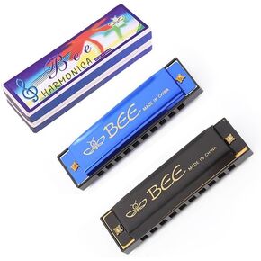 2 Pack Harmonica Bee Print 10-hole 10-tone C Key E Pocket Diatonic Harmonicas for Beginners Musical Instrument Blue + Black