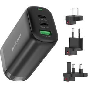 65W USB C Charger, 3 Ports GaN Fast Charger Block, Compact Foldable Charger Fits for MacBook Pro/Air, Dell XPS, iPhone 16/15/14/13 iPad Pro, Galaxy S24/S23, Pixel 8 with EU, UK, US Switch Plug