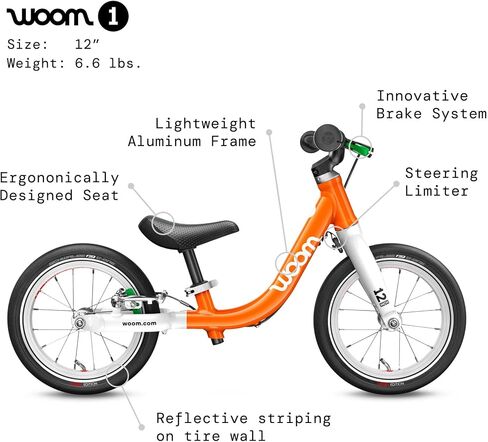 woom 1 Balance Bicycle for Kids 18 Months to 3.5 Years Old, Lightweight 12-Inch Toddler Bike with Handbrake & Steering Limiter, Boys & Girls - Red in Saudi Arabia