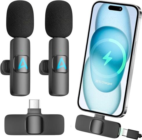 قطعتان من ميكروفون Lavalier اللاسلكي لهاتف iPhone 15 Pro Max، والهواتف الذكية - جودة صوت واضحة للغاية، تدوم طويلاً للمقابلات والبودكاست ومدونات الفيديو والبث المباشر ويوتيوب وتيك توك والمزيد in Kuwait
