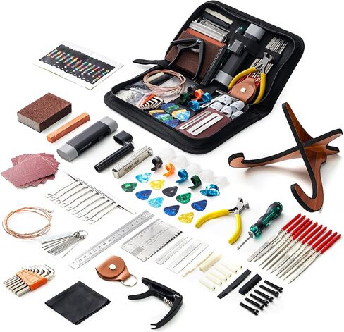 Vangoa 101 قطعة أدوات صيانة إصلاح الجيتار مع حامل، مجموعة أدوات الجيتار الاحترافية ملحقات الجيتار للجيتار الكهربائي الصوتي القيثارة باس بانجو، هدية الجيتار لعشاق in Kuwait