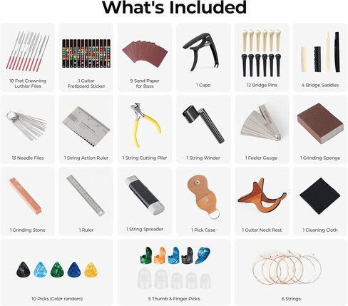 Vangoa 101 قطعة أدوات صيانة إصلاح الجيتار مع حامل، مجموعة أدوات الجيتار الاحترافية ملحقات الجيتار للجيتار الكهربائي الصوتي القيثارة باس بانجو، هدية الجيتار لعشاق in Kuwait