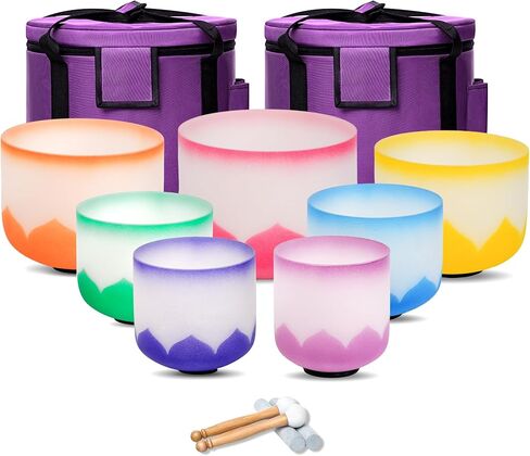 6-12inch Color Lotus 432hz Quartz Crystal Singing Bowls Set of 7, for Healing Mindfulness Meditation Yoga Sound Baths with Case Mallet Suede Striker in Saudi Arabia