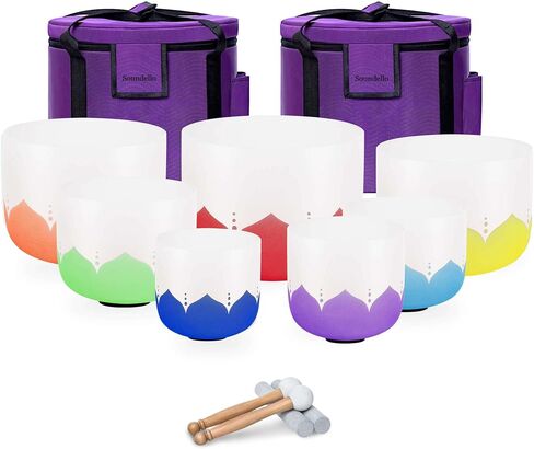 6-12inch Color Lotus 432hz Quartz Crystal Singing Bowls Set of 7, for Healing Mindfulness Meditation Yoga Sound Baths with Case Mallet Suede Striker in Saudi Arabia