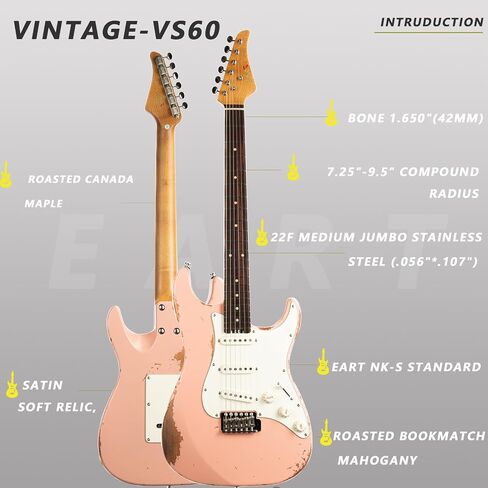 EART Vintage-VS60 6 String Soft Relic Solid-Body Guitar-Full Size Roasted Rosewood Relic Finish VS60 Pickups 6-Point Synchronized Tremolo Bridge Electric Guitar for Blues, Classics,Right Hand in Kuwait