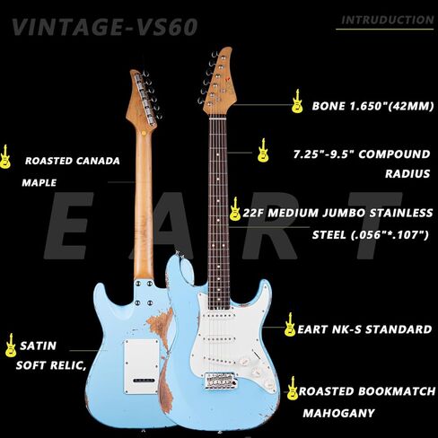EART Vintage-VS60 6 String Soft Relic Solid-Body Guitar-Full Size Roasted Rosewood Relic Finish VS60 Pickups 6-Point Synchronized Tremolo Bridge Electric Guitar for Blues, Classics,Right Hand in Kuwait