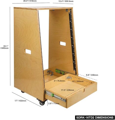 Sound Town 8U DIY Solid Baltic Birch Plywood Slanted Studio Rack with 8U Rack Space, Extra 2U Drawer, Rubber Feet, Casters, Golden Oak (SDRK-8TD2) in Kuwait