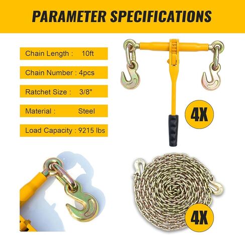 مجلدات السلسلة 3/8 "-1/2" 4 مجموعات، 7100 رطل G80 سلسلة 10FT مجموعة مجلدات وسلاسل تحميل السقاطة، سلسلة سحب مع خطافات الإمساك، سلسلة ربط للأسفل للمقطورات والشاحنات المسطحة الصناعية الزراعية in Kuwait