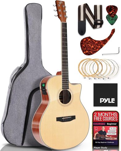 Pyle Premium Electric Acoustic Guitar Kit, 41" Full Size Dreadnought Cutaway with Spruce Top, Mahogany Sides, Gig Bag, Strap, Pickguard, Picks, Extra Steel String Set for Beginners, Advanced, Natural in Saudi Arabia