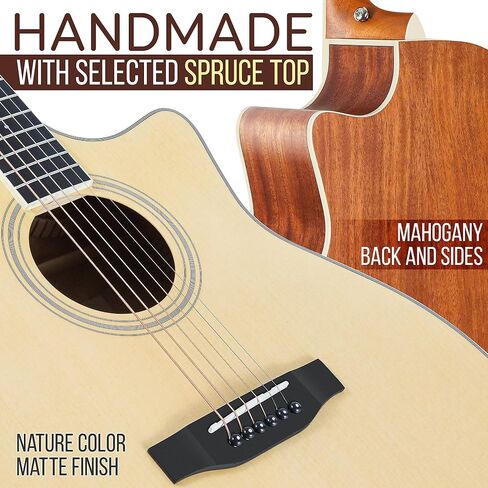 Pyle Premium Electric Acoustic Guitar Kit, 41" Full Size Dreadnought Cutaway with Spruce Top, Mahogany Sides, Gig Bag, Strap, Pickguard, Picks, Extra Steel String Set for Beginners, Advanced, Natural in Saudi Arabia