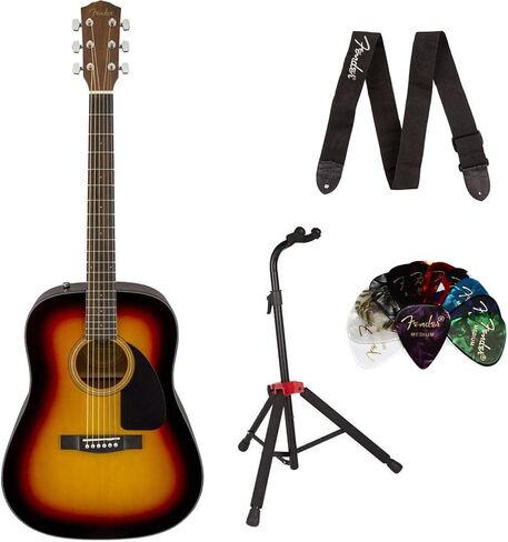 Fender CD-60 Dreadnought V3 Acoustic Guitar, with 2-Year Warranty, Sunburst, with Case Bundle with Fender Guitar Stand with Sturdy Metal, 10' Instrument Cable and Logo Guitar Strap in Saudi Arabia
