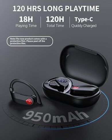 EUQQ Wireless Earbuds Bluetooth Headphones Sports Over-Ear Bluetooth 5.3 Ear Buds with Earhooks 120H Playtime Wireless Headphones for Workout Waterproof Bluetooth LED Power Display, Black in Saudi Arabia
