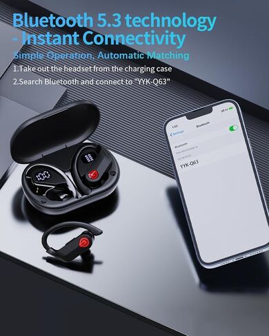 EUQQ Wireless Earbuds Bluetooth Headphones Sports Over-Ear Bluetooth 5.3 Ear Buds with Earhooks 120H Playtime Wireless Headphones for Workout Waterproof Bluetooth LED Power Display, Black in Saudi Arabia