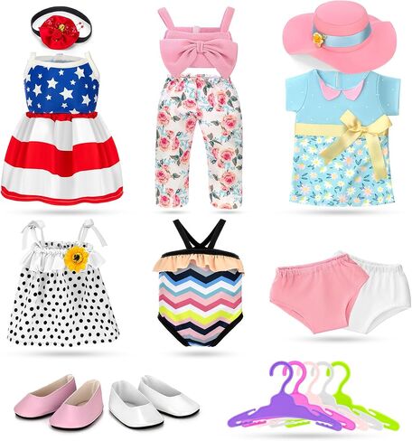 18 inch Doll Clothes and Accessories for American 18 Inch Dolls Girl Clothing Gift, 18Pcs Complete Set Clothing with Outfits, Dress, Shoes, Swimsuit, Underwear, Hat, Handbag, Clothes Hangers in Saudi Arabia