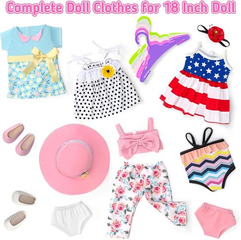 18 inch Doll Clothes and Accessories for American 18 Inch Dolls Girl Clothing Gift, 18Pcs Complete Set Clothing with Outfits, Dress, Shoes, Swimsuit, Underwear, Hat, Handbag, Clothes Hangers in Saudi Arabia