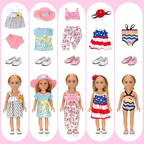 18 inch Doll Clothes and Accessories for American 18 Inch Dolls Girl Clothing Gift, 18Pcs Complete Set Clothing with Outfits, Dress, Shoes, Swimsuit, Underwear, Hat, Handbag, Clothes Hangers in Saudi Arabia