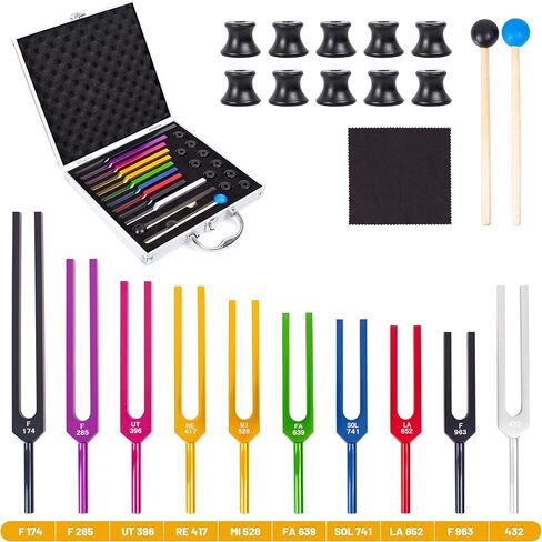 مجموعة شوكة ضبط الشاكرا، 10 شوكات ضبط متعددة الألوان مع قطعة قماش للتنظيف، ومطارق مطاطية، والتأمل، واليوجا، والشفاء in Kuwait