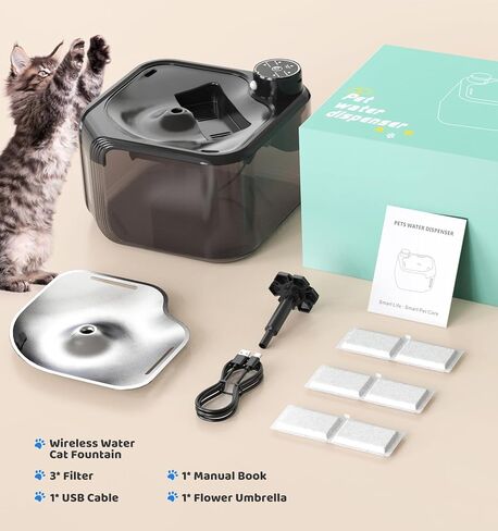 Battery Operated Cat Water Fountain, 2.8L/95oz Wireless Cat Water Fountain, Automatic Pet Water Fountain, Ultra Quiet Water Fountains for Cats Indoor, Motion Sensor, BPA-Free,Stainless Steel Lid in Saudi Arabia