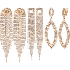 3 Pairs Silver Clip on Earrings Set for Women Stunning Rhinestone Chandelier Teardrop Long Tassels Crystal Drop Dangling Clip-on Earrings Hypoallergenic for Wedding Bride Prom Party