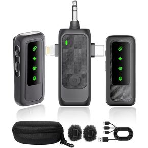 3 in 1 Wireless lavalier Microphone for Camera iPhone Android Phone Mini Microphones,130ft 16h Battery, Noise Canceling Lapel Mic System for Speaker Recording Video Facebook tiktok