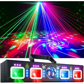 6 in 1 DJ Lights for Parties, DMX & Sound Activated Laser Light Show Machine with Disco Ball Light, RGBWUV Strobe Party Lights Indoor for Rave Club Dance Bar Gig DJ Lighting