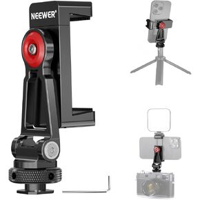 NEEWER Metal Phone Tripod Mount Adapter with Cold Shoe Base, 360° Phone Holder with 2 Cold Shoe Mount for Video Light and Mic for Vlogging, Universal Compatible with iPhone Samsung Huawei, PA001