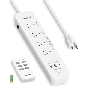 Syantek Remote Control Power Strip with 3 USB Ports, 3 RF Controlled Outlets, 5 FT/1.5 Meter Long Extension Cord, White Power Strip, 10A/1250W for Household and Workstation Appliances