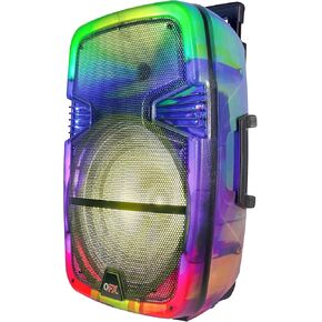 QFX 15" Portable Rechargable Bluetooth PA Karaoke Loud Party Speaker up to 5 Hour Playtime | Bluetooth 5.3, TWS, USB Port, TF, AUX, FM Radio, 360 Degree Translucent Motion Party Lights | TMS-1553