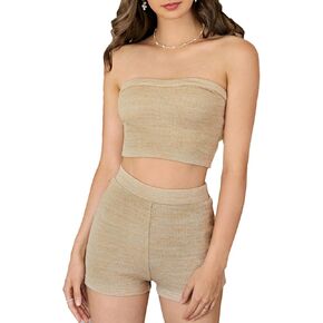 Verdusa Women's 2 Piece Outfit Ribbed Crop Bandeau Tube Top and Biker Track Shorts Sets