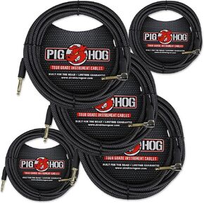 Pig Hog PCH20BKR Black Woven Instrument Cable, 20ft Right Angle - 5-Pack