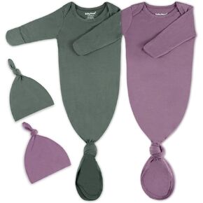 2Pk Newborn Baby Knotted Gown, Super Soft Silky Infant Long Sleeve Sleeper for Baby Sleeping with Hat or Headband (2 Packs)