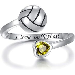 925 Sterling Silver Volleyball Ring Adjustable Birthstone I Love Volleyball Jewelry Gift for Women Teen Girls Player