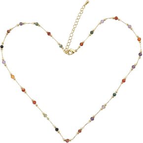 Multi Colored Gemstone Beads Strand Necklace for Women Girls Teens Adjustable Length Brass Plated 18K gold Slender Lightweight Bohemia Boho